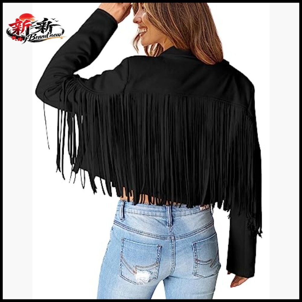 Faux Suede Fringe Cropped Jacket Motorcycle Style - Picture 4 of 7